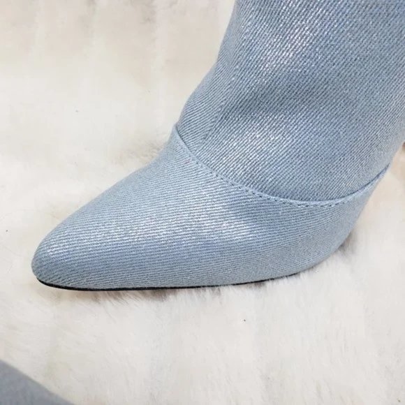 Mack J Denim Laser Hologram Fabric High Heel Split Top Thigh Boots - Picture 4 of 7